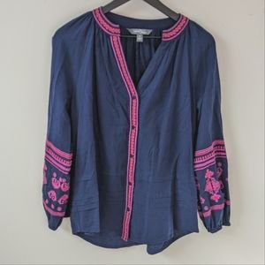 Market & Spruce Stitch Fix Embroidered Navy Blue Pink Line Blend Button Shirt